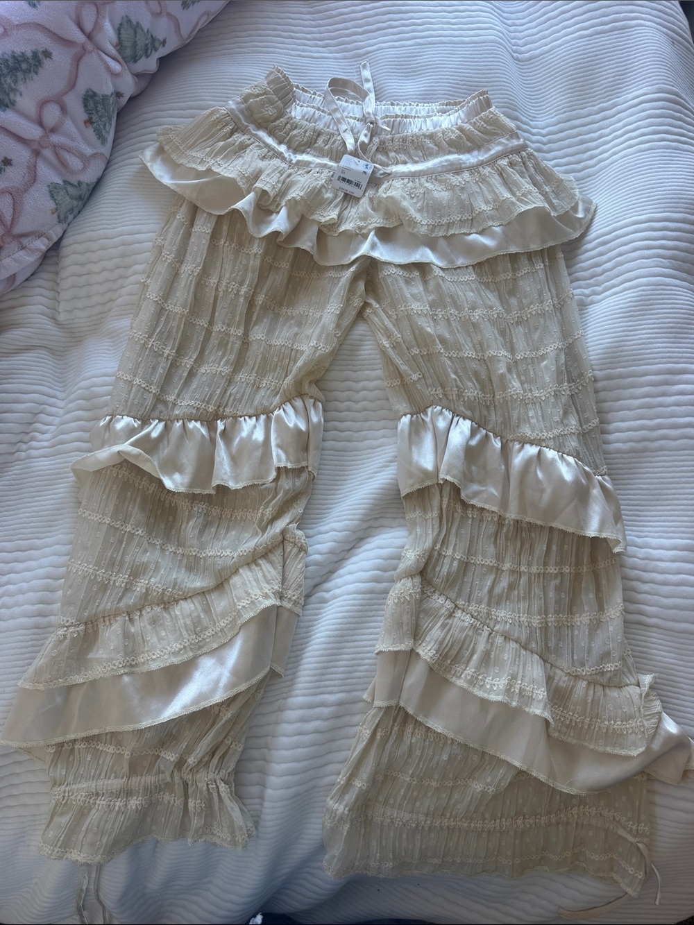 Free People Ivory Ruffle Tiered Lace Pants